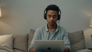 person at computer relaxing with headphones on