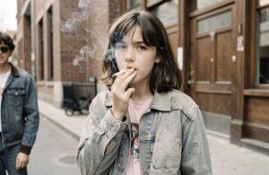 the year 1980. A 13 year old girl smoking a cigarette, try to act cool.
